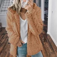 European and American autumn and winter lamb Plush Hooded Coat solid color warm autumn and winter zipper women's jacket