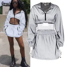2019 Reflective Two Piece Set Short Hooded Pullover Top And Skirt Set Gray 2 Piece Set Women Fashion Skirt Top Outfits Women