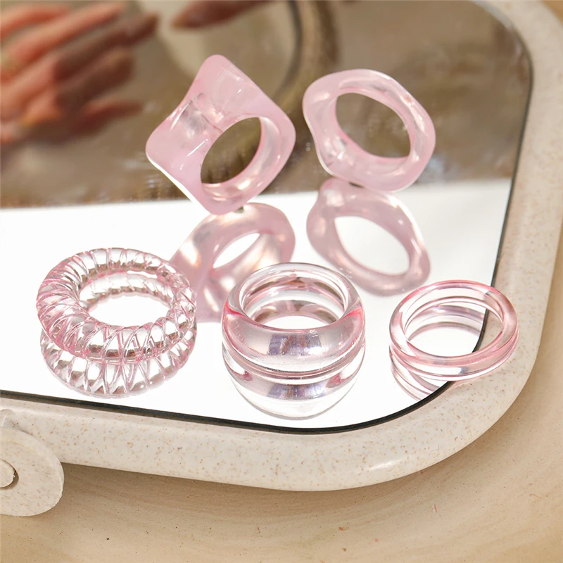 17KM Korean Colorful Transparent Resin Acrylic Rings Set for Women Trendy Geometric Square Round Ring Wedding Jewelry