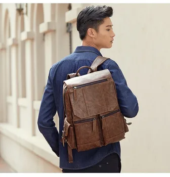 

New high quality PU men's retro backpack stitching backpack soft leather computer bag college style large capacity school bag