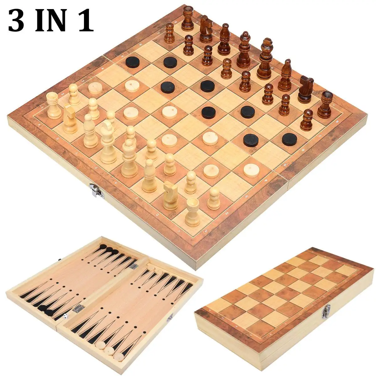 

3 in 1 Wooden International Chess Set Board Travel Games Chess Backgammon Draughts Entertainment 34cm x 34cm