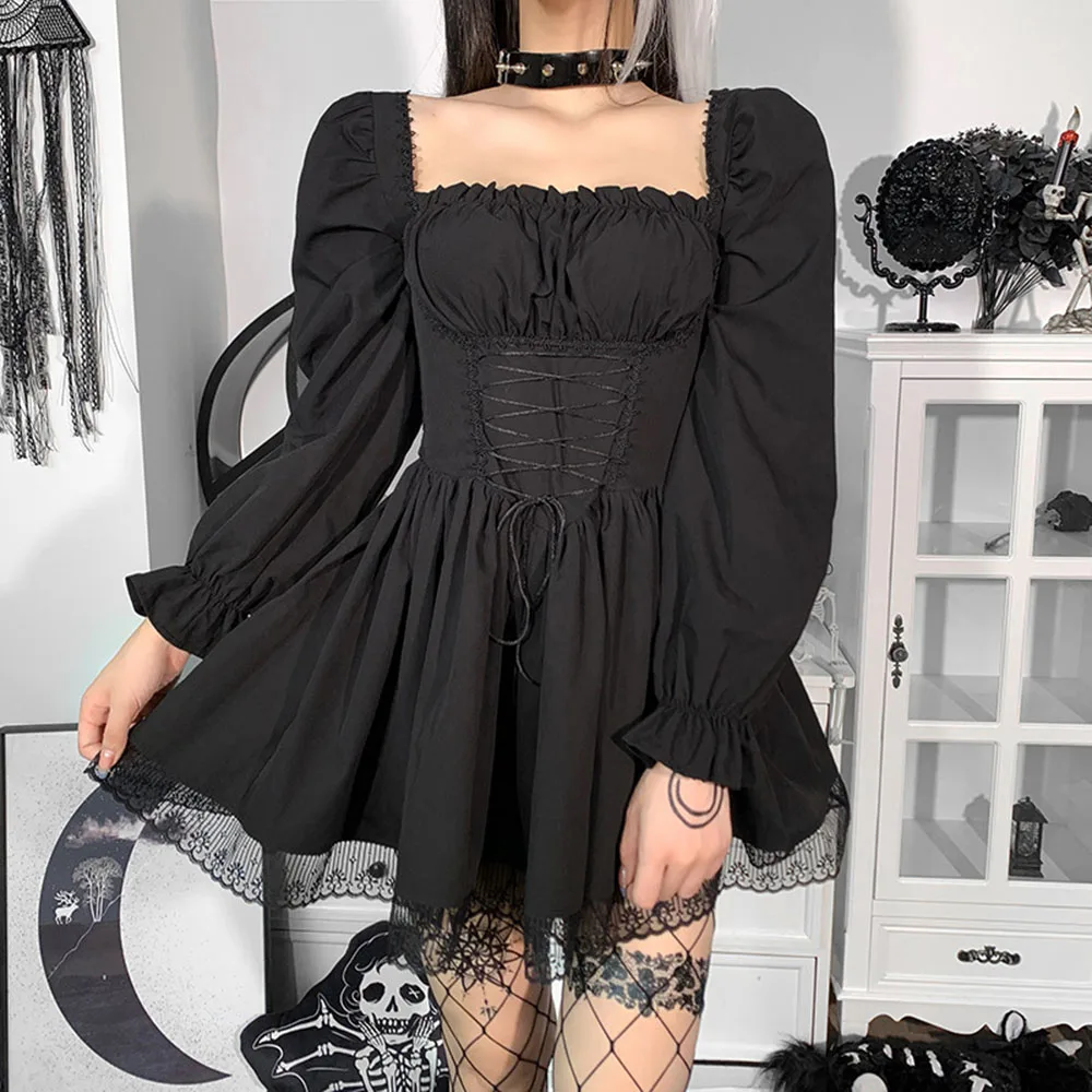 Women's Autumn New Dress Goth Punk Princess Style Long-sleeved Square Collar Pure Color Lace Decoration Pleated A-line Dresses | Женская