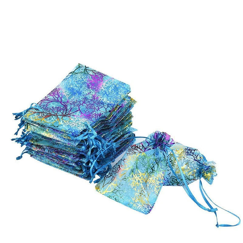 

100pcs Bags 7x9 9x12 10x15 13x18 15x20 17x23 20x30 Blue Coral Organza Bags Colorful Drawable Jewelry Packaging Gift Pouches Bags