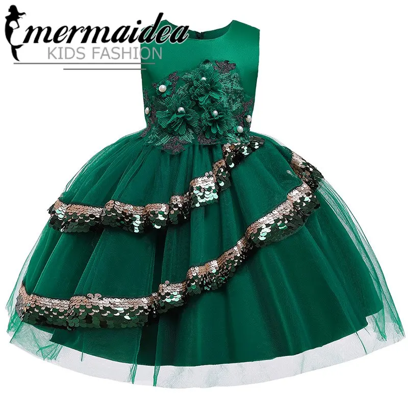Dark green Детские Платья с цветочным рисунком для девочек; платье для маленьких девочек; платье принцессы на свадьбу; детская одежда с лепестками роз; праздничное платье; костюм в подарок - Цвет: Dark green