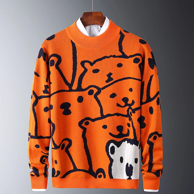 Suéteres informales de otoño para hombre, suéteres ajustados con patrón de oso Polar, de algodón, manga larga, cuello redondo, jerséis cálidos, naranja
