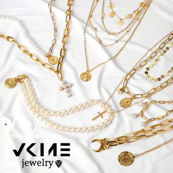 

VKME Bohemian Gold Necklaces For Women Multilayer Fashion Pearl Pendants Necklace Portrait Chokers 2020 Trendy New Jewelry Gift