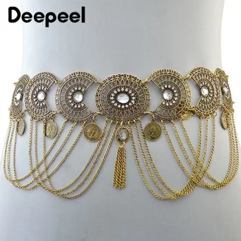 

Deepeel 1pc 5cm*94cm Women Metal Hollow Vintage Carved Cummerbund Tassel Rhinestone Decorative Waist chain for Belly dance CB602