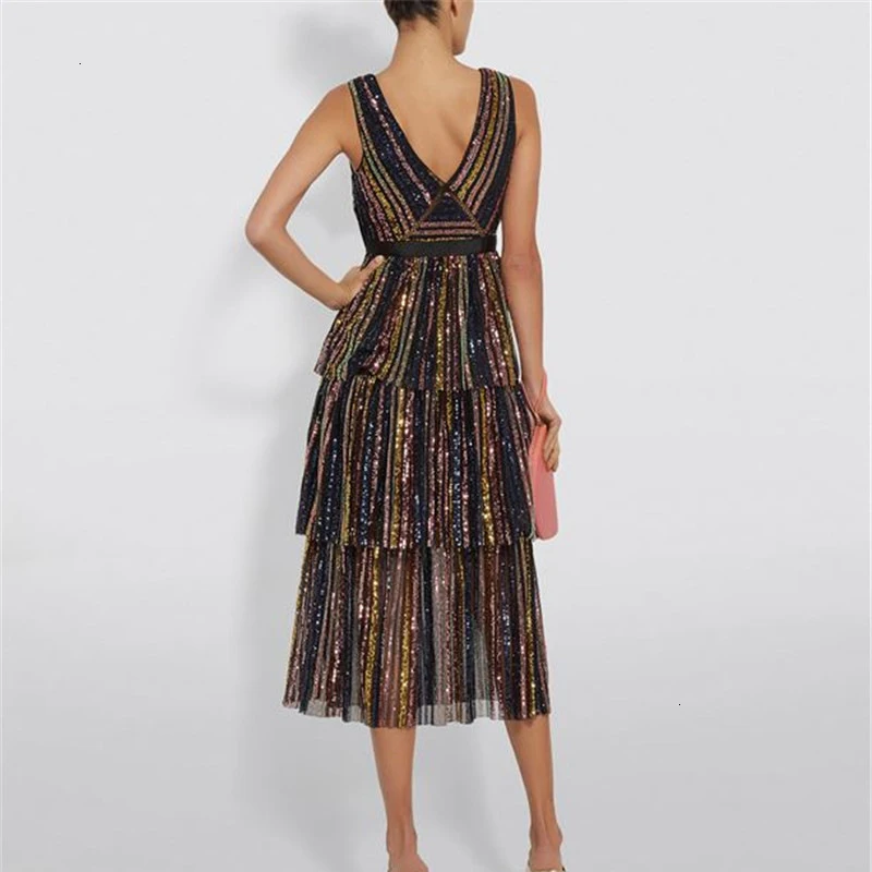 详情 (1).jpg TWOTWINSTYLE Patchwork Sequined Striped Party Dresses For Female V Neck Sleeveless High Waist Cascading Ruffle Womens Dress New