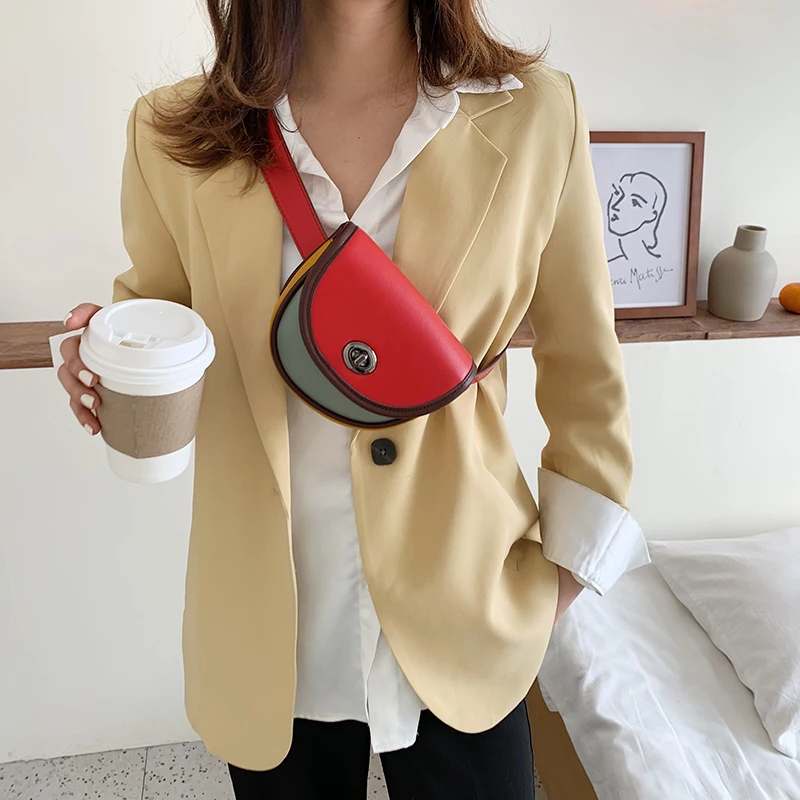 

FANTASY New Stitching Color Vintage PU Leather Chest Bag Waist Bag For Women Wild Niche Design Shoulder Messenger Bag Female INS