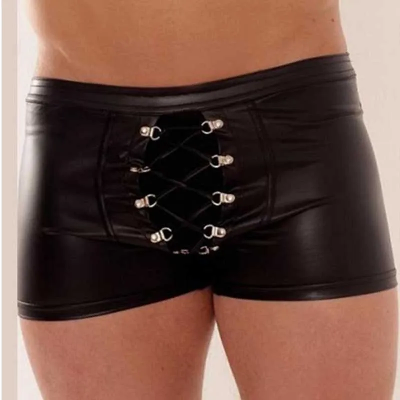 Sexy Men Boxer Short Fetish Underwear Panties Shiny Patent Leather Exotic Drawstring Metallic Boxer Shorts Swimwear Beach