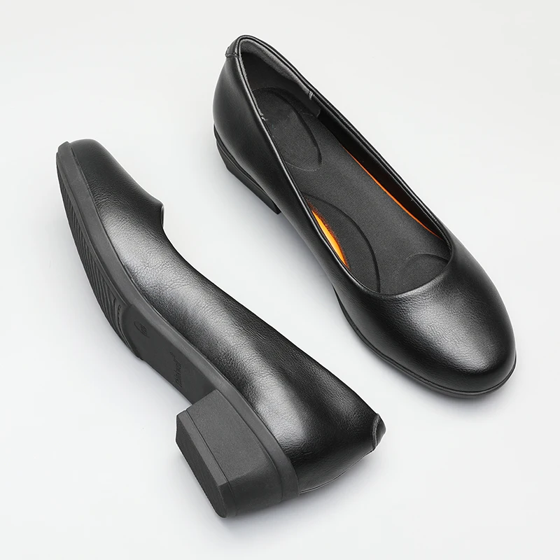 Zwart Lederen Vrouwen Werkschoenen Zool Dikke Hak Ronde Hoofd Schoenen Zachte Zool Professionele Antislip Hotel Werkschoenen