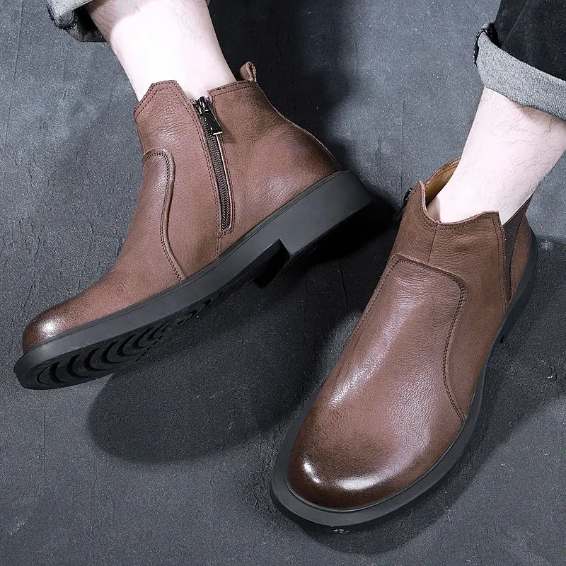 Brown Hight End/элегантные мужские ботинки; кожаные ботильоны; отличное качество; ботинки в стиле ретро на молнии; Мужская обувь; сезон зима - Цвет: Brown