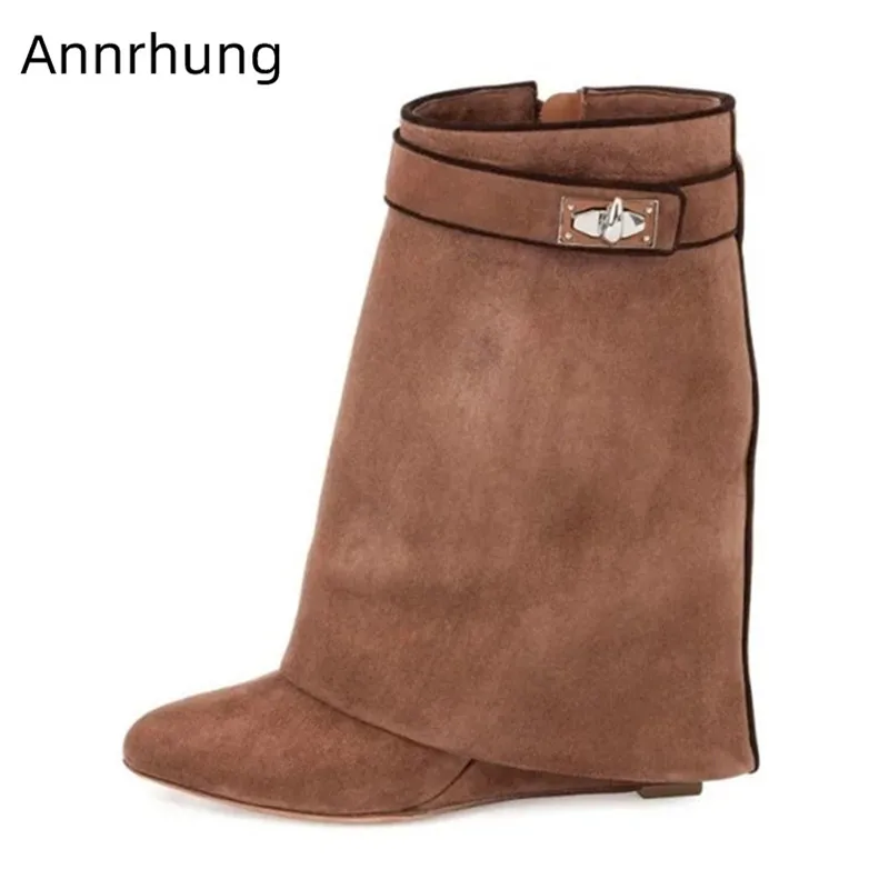 

Casual Suede Boots Women Narrow Belt Buckle Decor Metal Shark Lock Walking Botas Round Toe High Wedge Heel Fold-Over Boots Women