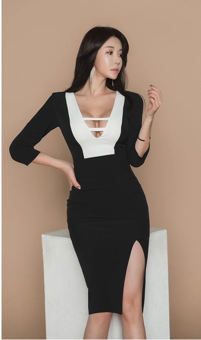 S-XL, черное сексуальное облегающее платье большого размера, женское Бандажное облегающее платье с разрезом в три четверти, женское контрастное облегающее платье для вечеринок