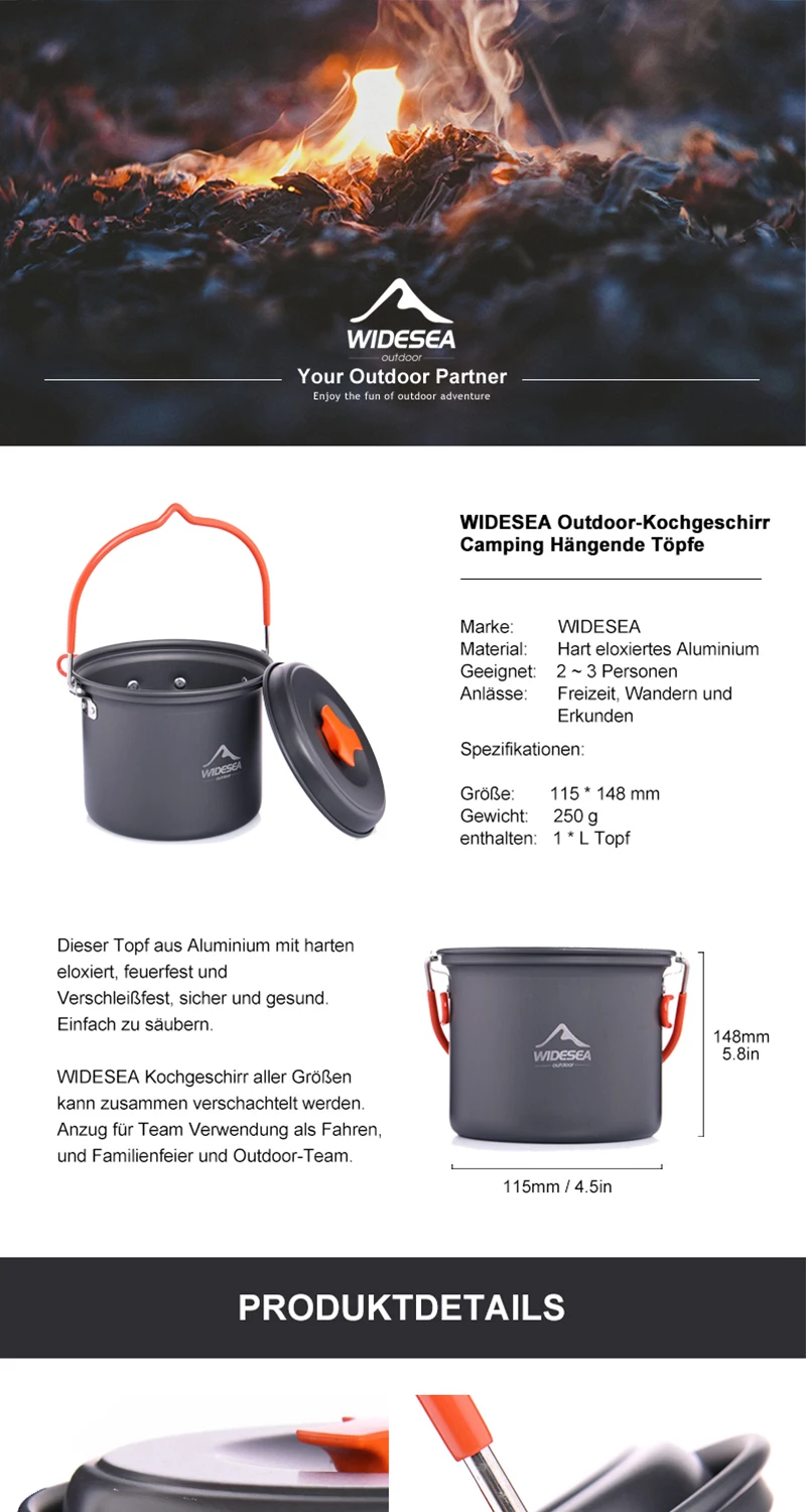 Widesea Camping Liefert Aluminium Hängen Topf Küche Für Kochen Im Freien Antihaft-kochgeschirr 2 ~ 3 Personen Für Tourismus Wanderung Picknick – Detail 1