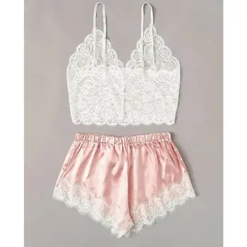 

Summer Women Sexy Pajamas Silk Pijamas Sleepwear Deep V Sling Lingerie Set Elastic Bowknot Shorts Ladies Summer Pajama