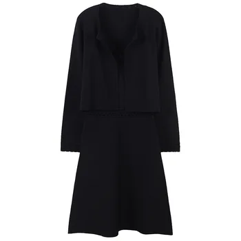 

Runway Two-piece Sets Women Suits Cardigan Solid Casual Female Spaghetti Strap Dress Set Elegant Office Ladies Hollow Out Sets