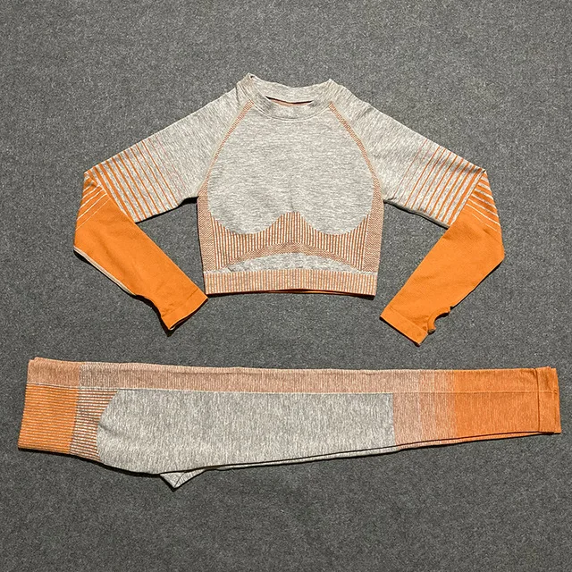 Orange set Женский бесшовный комплект для йоги, фитнеса, 2 шт., спортивные костюмы, рубашки с длинным рукавом для спортзала, укороченный топ+ леггинсы с высокой талией, одежда для тренировок и йоги - Цвет: Orange set