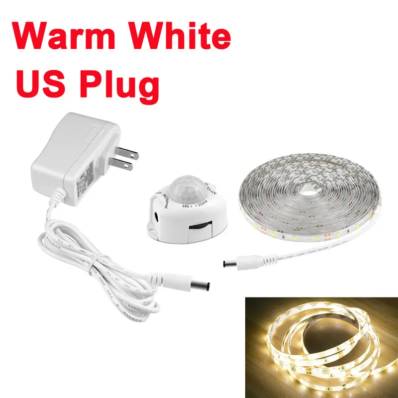 IP65 SMD 5050 2835 Светодиодный лента Диодная лента DC 12 В PIR датчик движения светодиодные полосы света ЕС США адаптер 1 м-5 м клейкая светодиодная кухонная лампа - Испускаемый цвет: US Warm White