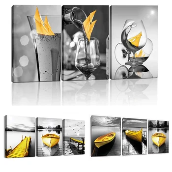 

Nordic Yellow Still Life Framed Wall Art Canvas Painting Black White Glass Sailboat Poster Print Sea Boat Landscape Home Decor
