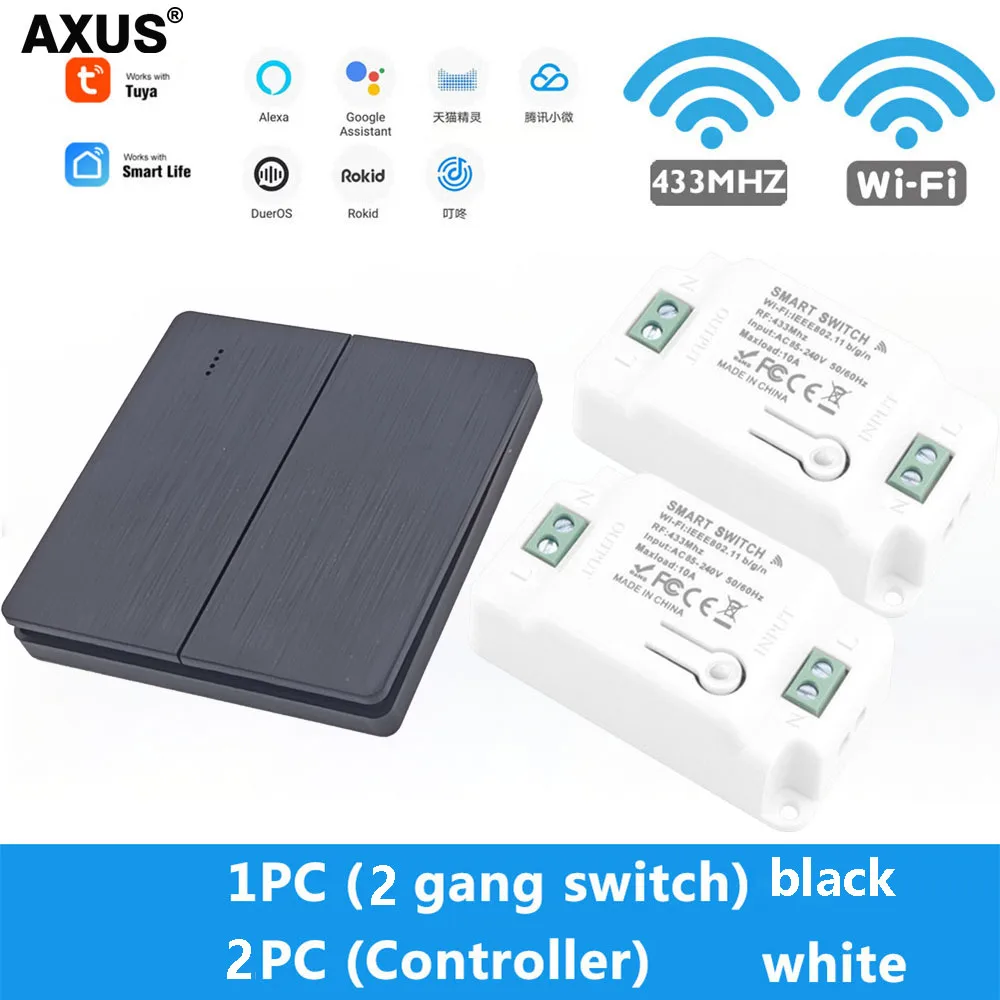 AXUS Tuya Wall Smart WiFi Push Button Switch RF 433Mhz Light Switch Wireless Remote Controller Relay Module Google Home Alexa remote light switch control Wall Switches