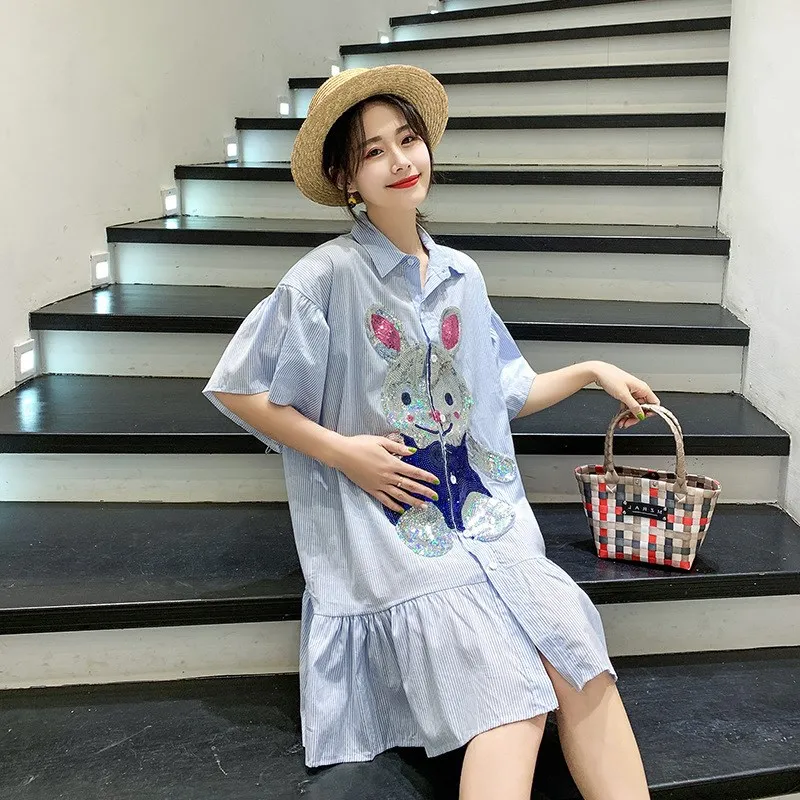 

2019 Summer Wear New Style Short Sleeve Mid-length Loose And Plus-sized Shirt Striped Shirt Sequin Rabbit Pregnant Women Dress
