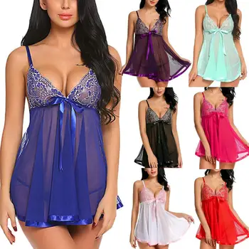 

Women Sexy Night Dress Plus Size S-XXXL Nightgown G-String Lingerie Women Sexy Nightwear Lace Sleepwear 14 Color Night Dress