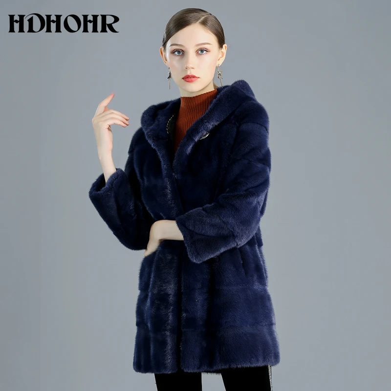 HDHOHR высококачественное натуральный мех норки пальто женское натуральное импортное Норковое Пальто с капюшоном теплые толстые норковые меховые куртки зимние