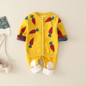 

Infant Autumn and Winter Sweater Long Sleeve 0-3 Month Baby Onesie Set Handmade Knitted Cardigan Two-Piece Set