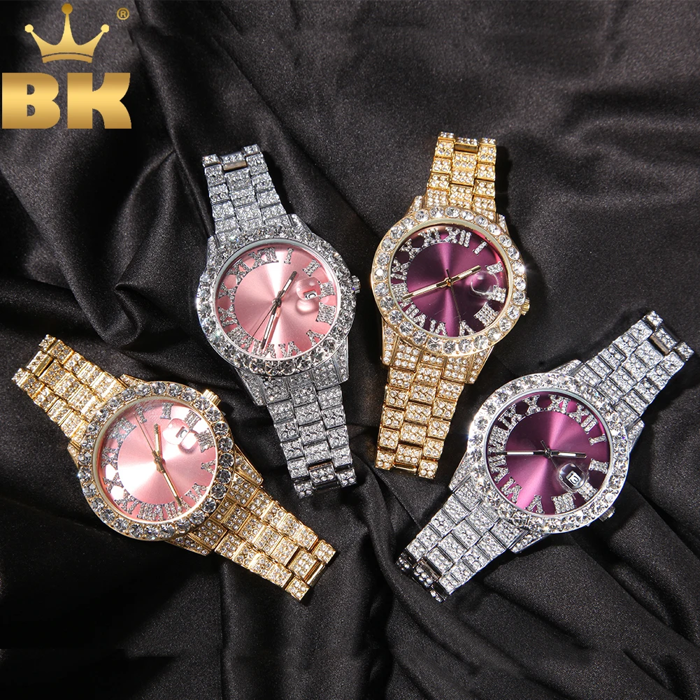 ラインストーンクォーツ時計,大きなメンズ腕時計,大きなピンク,紫,青,耐水性,高級クォーツ時計