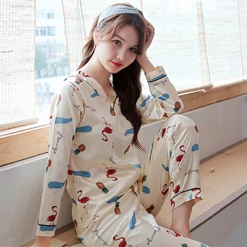 

Long Sleeve Silk Pajamas Sets for Women Spring Autumn Silk Sleepwear Pyjamas Nightwear Set Young Girl Pajama Sets V-neck Top