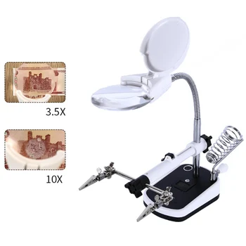 

LED Light Helping Hands Magnifier Station3.5X 10X USB Lighted Hands Magnifying Glass Stand With Clamp And Alligator Clips Loupe