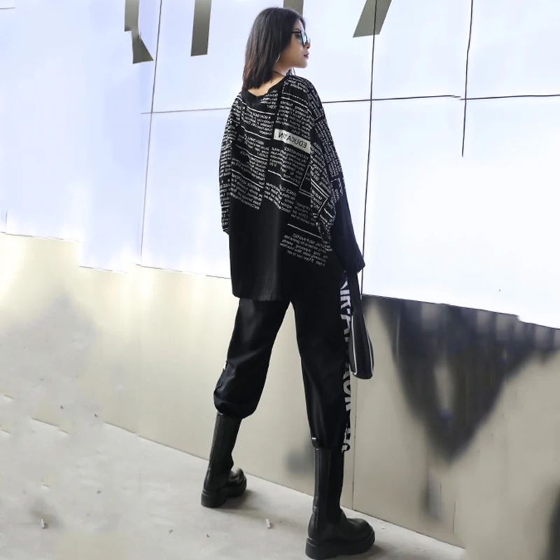 [EAM] Women black letter printed big size T-shirt New Round Neck Long batwing  Sleeve Fashion Tide  Spring Autumn 2020 1DA105