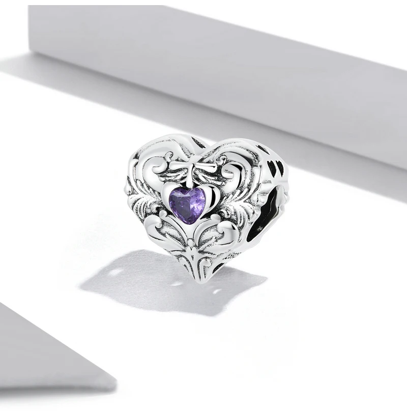 Bamoer 925 Sterling Silver Women Classic Purple Heart Love Pendants Charm Beaded fit Original Bracelet Bangle DIY Jewelry Gift rings