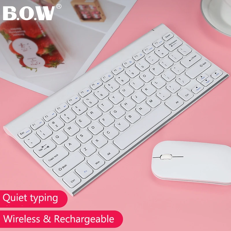 B.O.W Беспроводная USB клавиатура мышь комбо для ПК/ноутбука перезаряжаемый шепот
