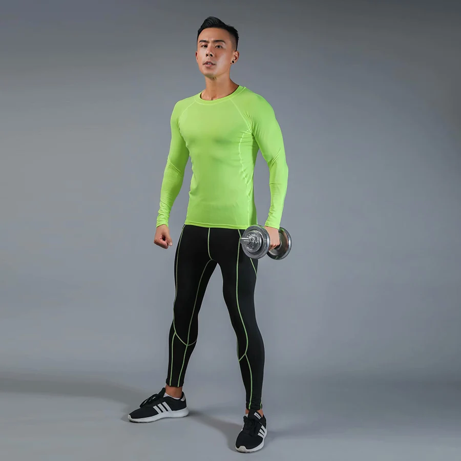Мужская компрессионная одежда, мужская футболка+ леггинсы, Рашгард, топ с длинными рукавами, базовый комплект для мужчин, термобелье для фитнеса и тренировок - Цвет: 2-piece set