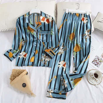 

Blue Stripe Female Pajamas Set Turn-down Collar 2PCS Shirt&Pants Loose Sleepwear Lougne Nightwear Sleep Suit Casual Home Clothes
