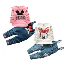 Комплекты одежды с Минни для девочек весенне-осенний комплект детской одежды, футболка с длинными рукавами топ+ джинсовые штаны на подтяжках, костюм детская одежда