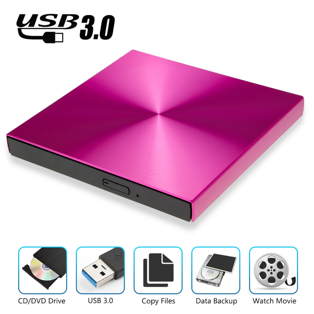 YiYaYo USB 3,0 алюминиевый сплав внешний DVD горелки писатель рекордер CD rom плеер портативный оптический привод для ноутбука ПК Macbook OS - Цвет: Розовый