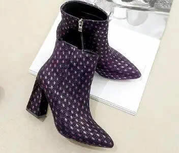 Женские пикантные ботинки «Челси» с острым носком; фиолетовые короткие зимние сапоги В рыцарском стиле на резиновой подошве; Bottes; синие ботинки на молнии сбоку; botas femininos; обувь на высоком каблуке; Botine - Цвет: purple leather in