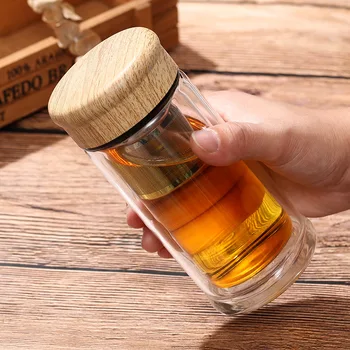 

230ml Creative Wood Grain Double Glass Water Bottle Portable High Borosilicate Tea Cup Tea Separation Cup Mug Milk Drink Bottle