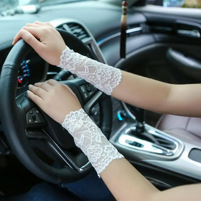 15 см весна лето солнцезащитные женские гетры для рук шрам покрытые анти-УФ, для вождения перчатки без пальцев женские сексуальные кружевные рукава - Цвет: Белый