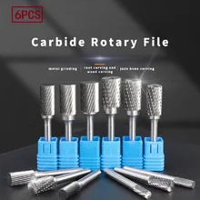 Perceuse à lime rotative en carbure de tungstène, Double coupe, fraisage, sculpture, pointe de fraise, broyeur, outil de tête de meulage en alliage abrasif 6 pièces