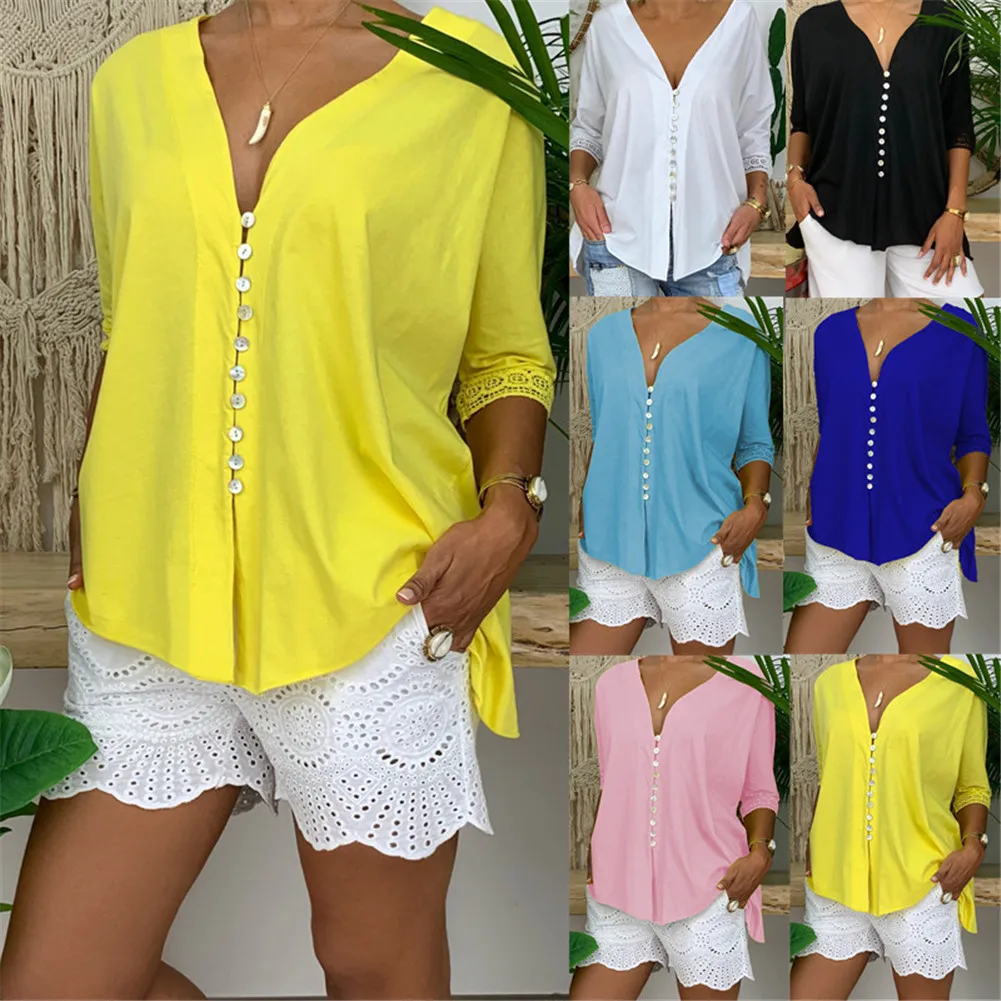 

Women Lace V-neck Button-down Shirt Baggy Tunic Cropped Sleeve Tops Summer Beach NGD88