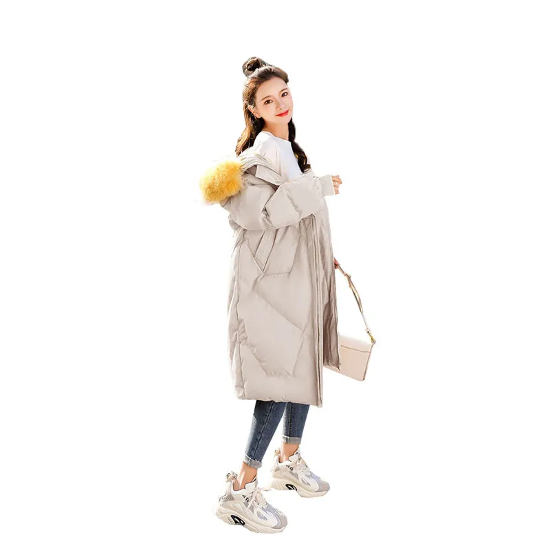 Beige Длинное пуховое пальто с хлопковой подкладкой, новинка года, Корейская версия, зимнее пальто с меховым воротником, теплая Свободная куртка выше колена, 565 - Цвет: Beige