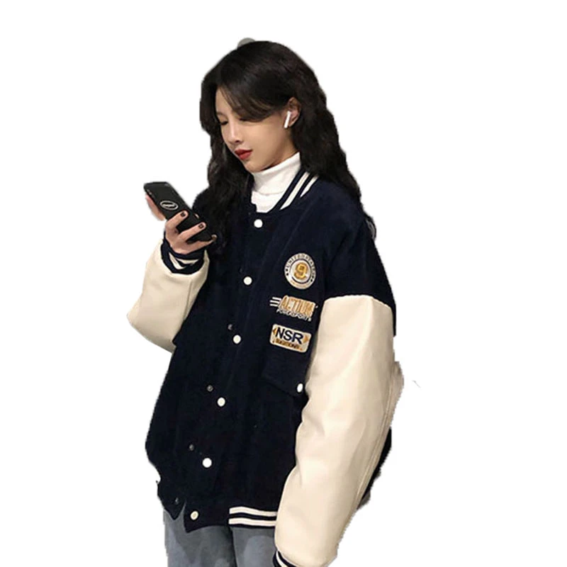 Contrasting Color Stitching Baseball Uniform Women Couple Students 2021 Spring Autumn New Retro Jacket Corduroy Coat Tide 31