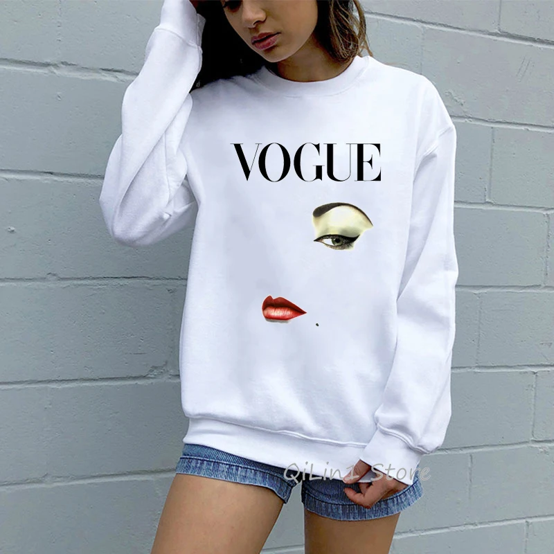 

Vogue Eye shadow red lip print sexy sweatshirts letter hoodies women 90s hipster hoody ladies autumn winter white hooded moletom