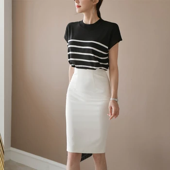 

Fashion Women Skirt Suits Elegant O-neck Short Sleeve Striped Knitting Pullover Top and White Knee Length Pencil Skirt OL Sets