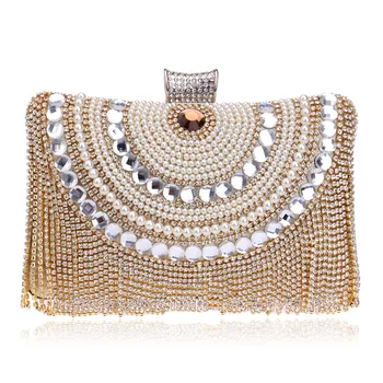 

Rhinestones Tassel Clutch Diamonds Beaded Metal Evening Bags Chain Shoulder Messenger Purse Evening Bags For Wedding Bag B347