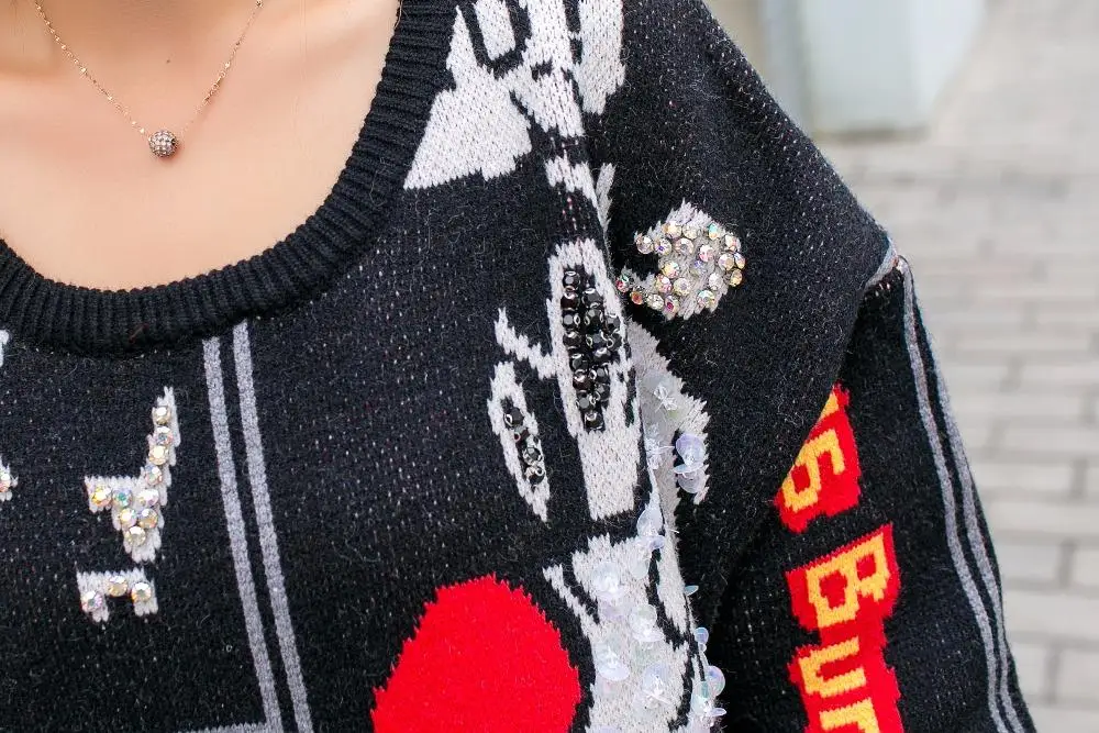 Harajuku, вязаный свитер с блестками и бриллиантами, зимняя одежда с длинным рукавом, женские модные свитера, пуловер, свободная одежда в уличном стиле с принтом из мультфильмов